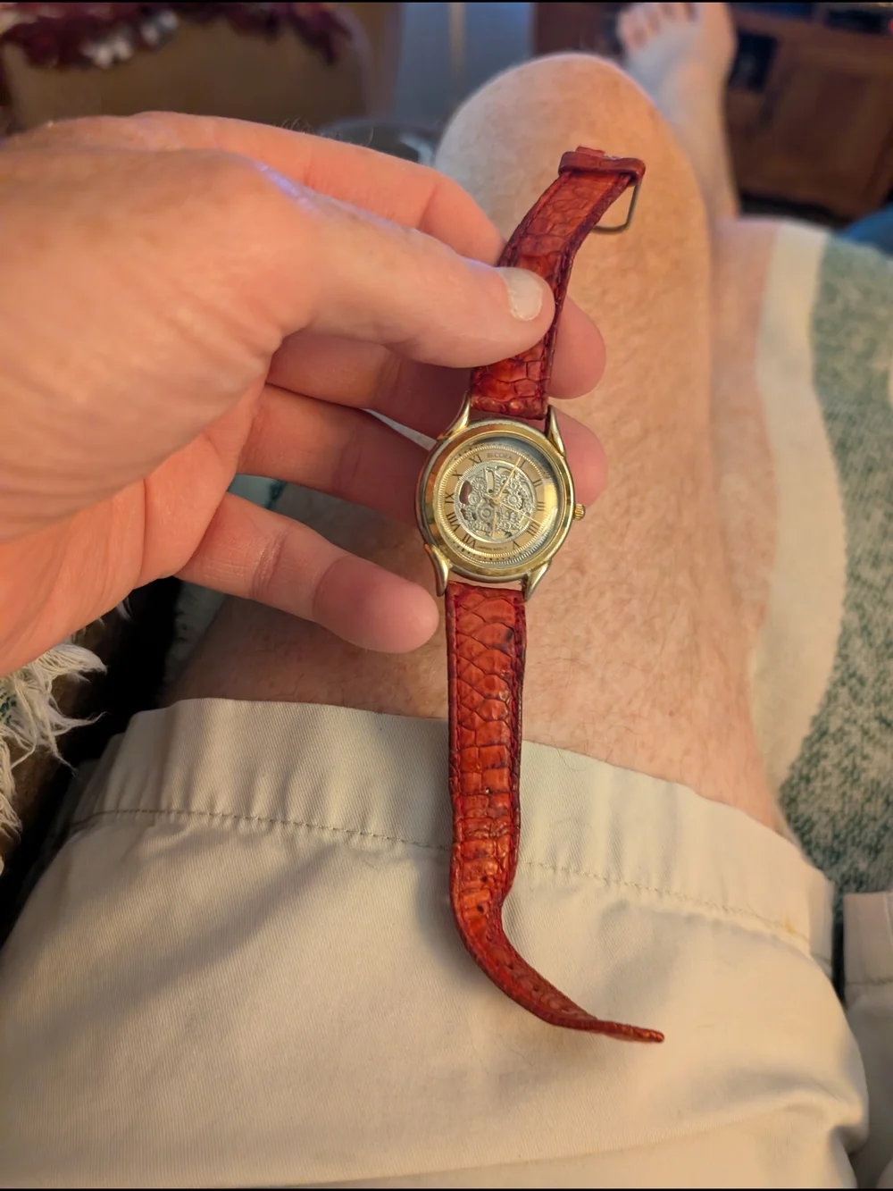 Becora Gold-Tone Skeleton Dial Watch with Red Leather Strap Brand New Battery
